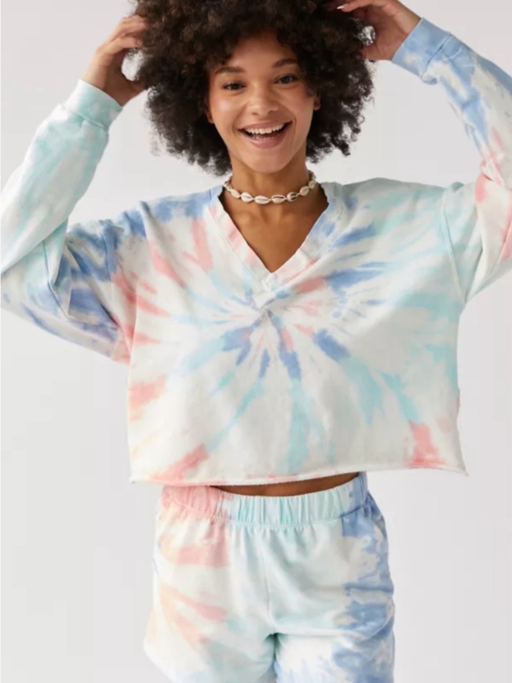 Electric & Rose Pastel Tie-Dye V-Neck Pullover Top and Shorts Set